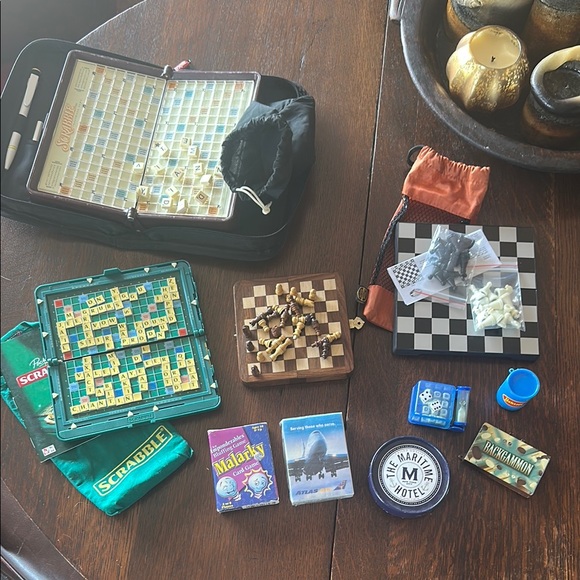 🃏10 travel games bundle. 2Scrabble cards2chess Yahtzee Backgammon Boggle+